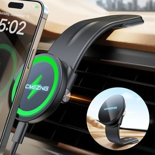 The ACMEZING MagSafe car mount charger installed on a dashboard