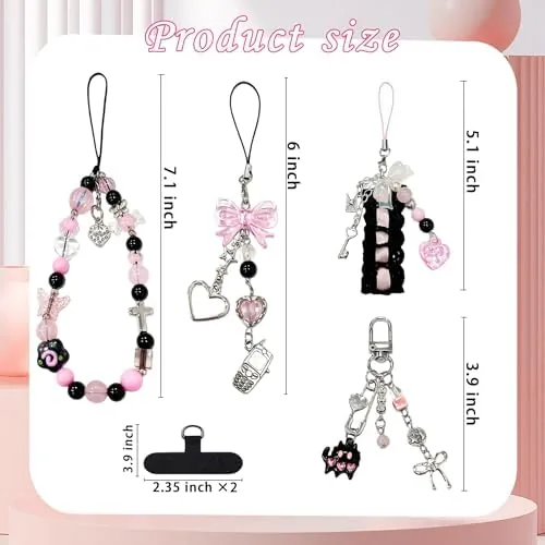 Close look at the 6Pcs Phone Charms with Rhinestone Bow, Beaded Bracelet Style, Kawaii build quality