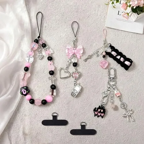 The 6Pcs Phone Charms with Rhinestone Bow, Beaded Bracelet Style, Kawaii in real use