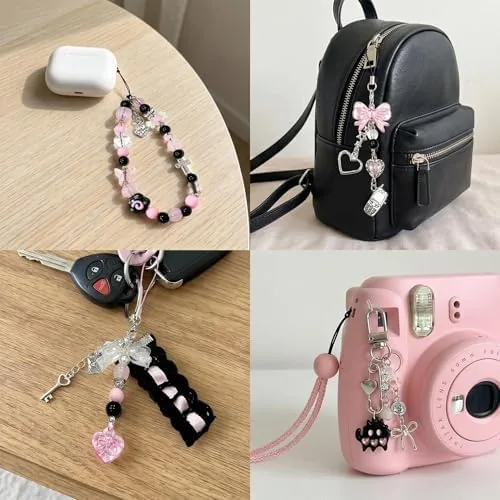 Another view of the 6Pcs Phone Charms with Rhinestone Bow, Beaded Bracelet Style, Kawaii