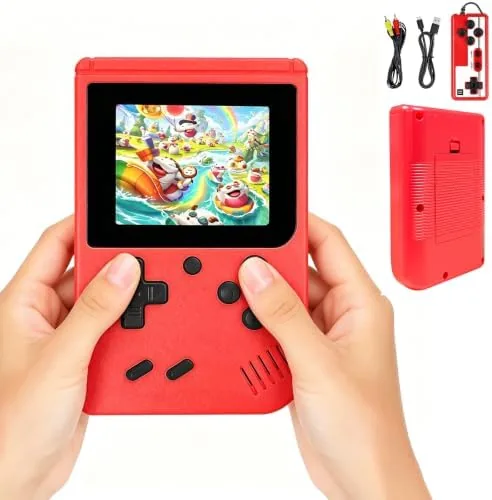 Handheld game console held in two hands showing the 3 inch screen