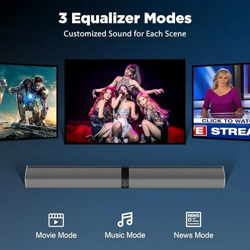 Detail shot of the Sound Bar for Smart TV, 80W Soundbar with Bluetooth/ARC/Opt/AUX Connect features