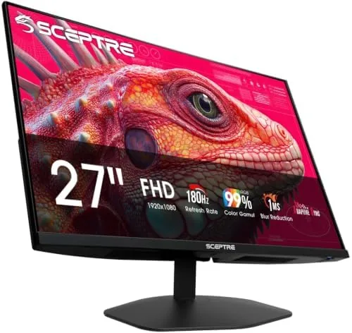 Sceptre 27 inch gaming monitor on a desk showing a game