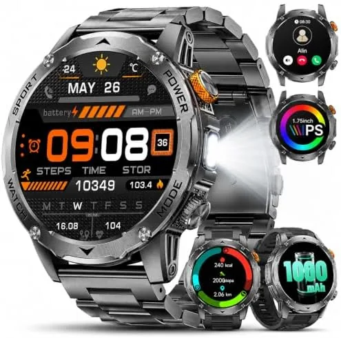Overview of the Smart Watch for Men with 1000mAh Battery/Flashlight, 1.75'' Military Smartwatch