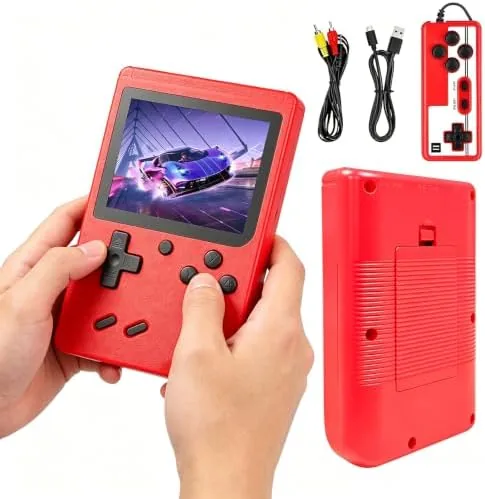 Red handheld games console for kids held in small hands