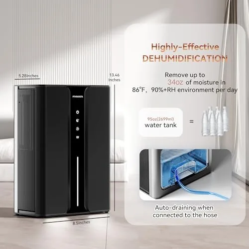 Close look at the PTHRAOUTA Home Dehumidifier with Drain Hose, with Air Reusable Filter build quality