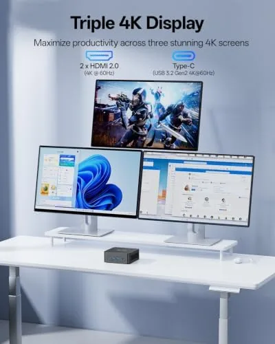 The PELADN WI7 driving a dual monitor 4K setup on an office desk