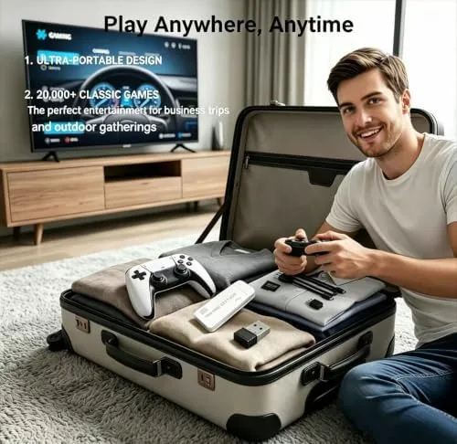 The console packed into a small travel bag with the controllers ready to go