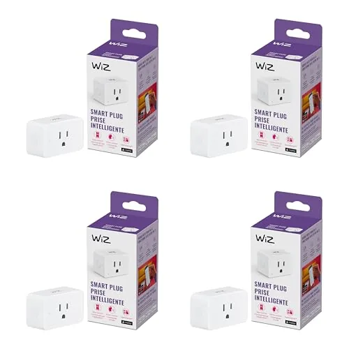 A four pack of WiZ smart plugs arranged next to a smartphone running the WiZ app