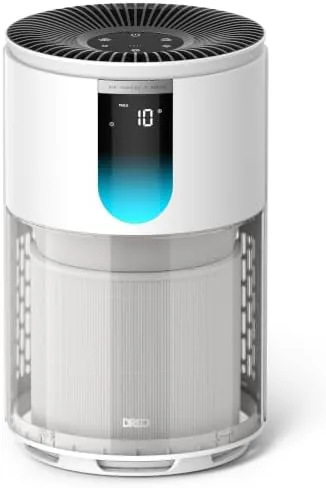 The DREO 539 air purifier standing in a large living room with the display showing air quality