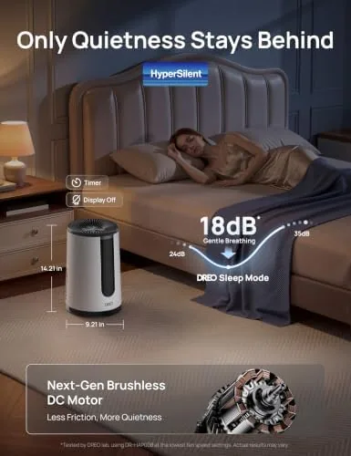 The DREO 338 in the bedroom at night with the display off and the unit running silently
