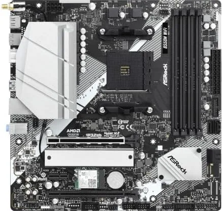AM4 socket and VRM heatsinks on the ASRock board
