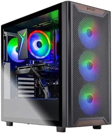 The Skytech Chronos 3 gaming desktop on a desk with RGB lighting