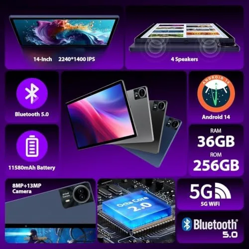 Close look at the 2026 Premium 14 inch Android Tablet: 2.5K IPS Display 36GB build quality