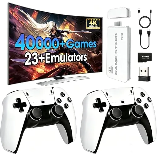 The retro game console stick next to its two wireless controllers