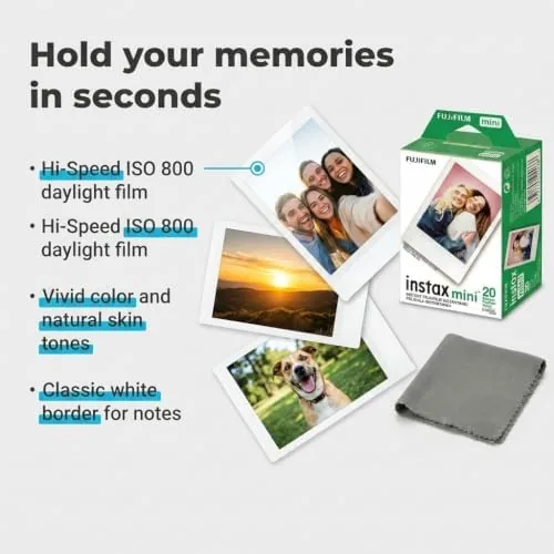 A sealed Instax Mini film cartridge being loaded into a camera