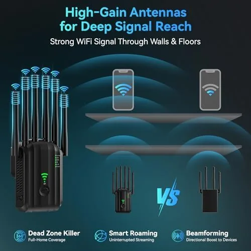 The extender installed in a hallway between the router and the far room