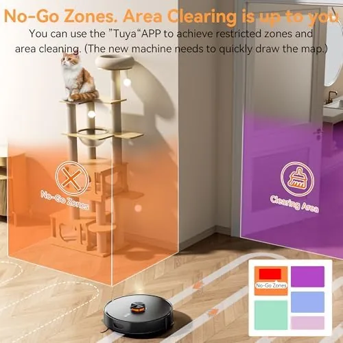 The robot vacuum cleaning a rug while a cat watches from across the room