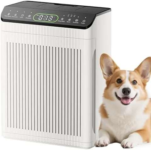 The ivory air purifier standing in a living room corner beside a couch and pet bed