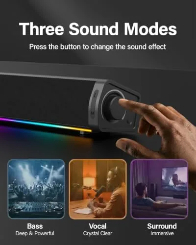 Detail shot of the Computer Speakers for Desktop PC, RGB Gaming Soundbar with 3 features