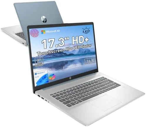 HP 17.3 touchscreen laptop open on a desk
