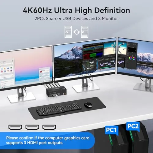 The HDMI KVM Switch 3 Monitors 2 Computers 4K@60Hz KVM Switches in real use