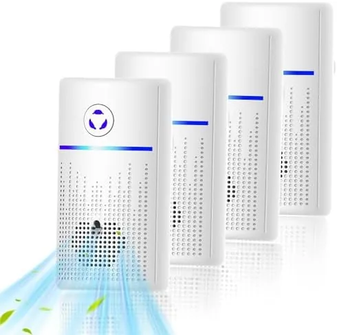 Four compact plug-in air purifiers arranged beside their retail packaging
