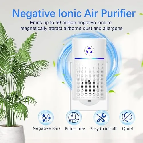 Close up of one plug-in purifier mounted in a wall outlet with its indicator light on