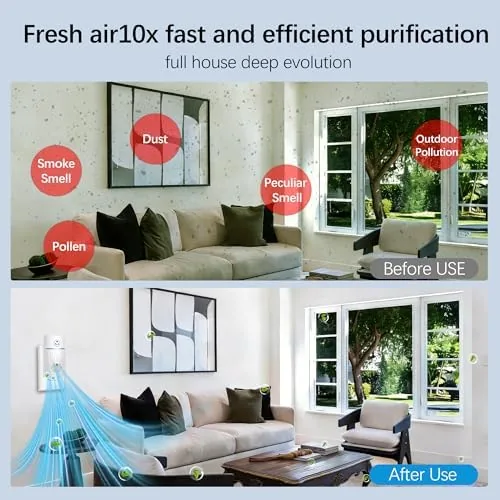 One of the purifiers mounted in a bedroom outlet beside a bed with soft lighting