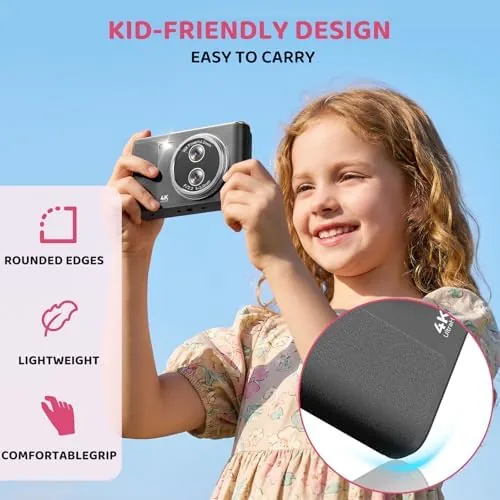 The kids camera in its packaging with the card and cable shown