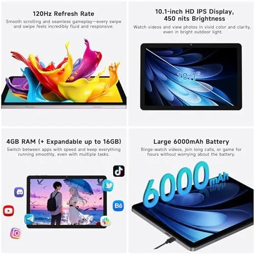 Detail shot of the AOC 10 Inch Tablet Android 16, 120Hz IPS High Brightness features