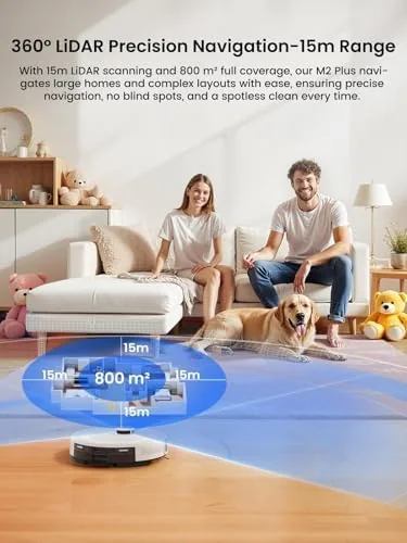 The M2 Plus vacuuming a low pile rug with pet hair visible before cleaning