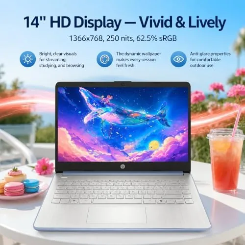 Detail shot of the HP 14 Laptop for Students and Home Use, Intel Processor features