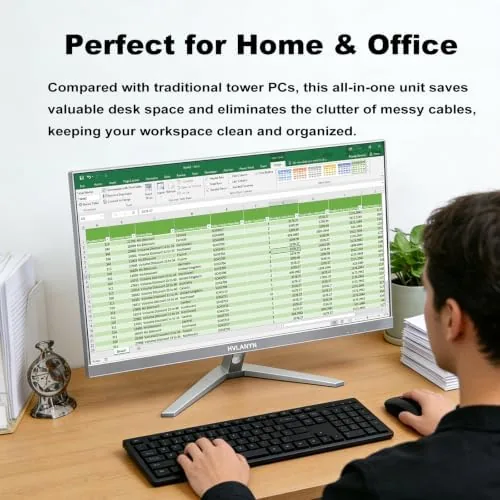 The all-in-one desktop in a tidy home office corner