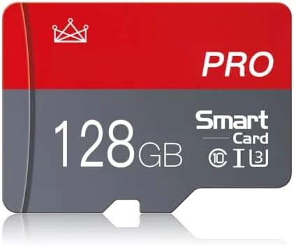 The 128GB micro memory card beside its full size SD adapter