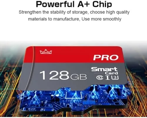 The 128GB card next to a premium card and a basic budget card