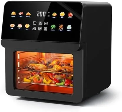 The Ludatido 12QT air fryer oven with both racks loaded on a kitchen counter