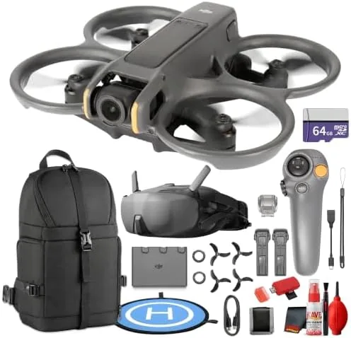 The DJI Avata 2 drone with the FPV Goggles N3 and motion controller laid out