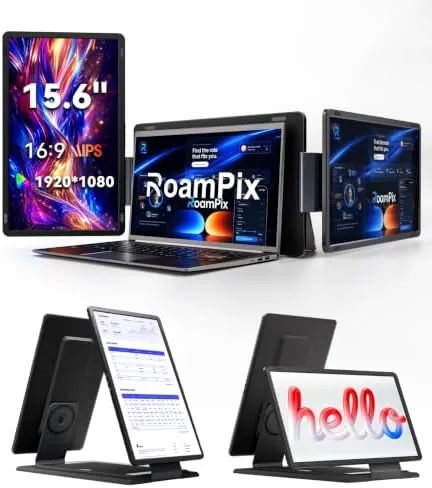 A laptop with the 15.6 inch screen extender attached on the side showing a triple display