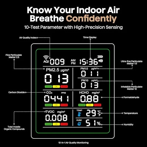 Another view of the Air Quality Monitor Indoor, 10-in 1 Smart Air Quality Tester