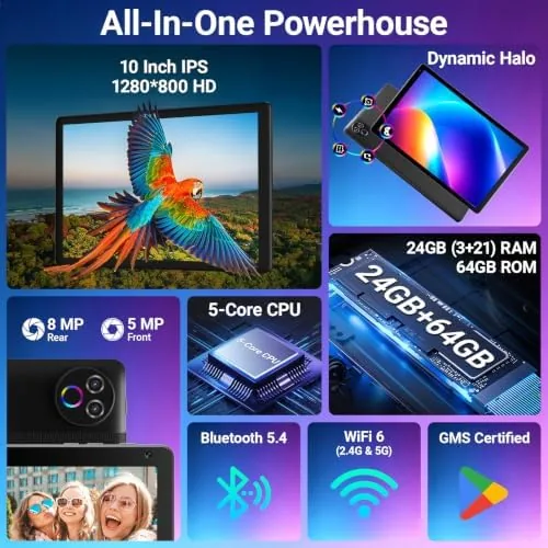 Detail shot of the Android 16 Tablet 10 Inch, 24GB RAM 64GB ROM 1TB,HD features