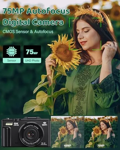 Close look at the Digital Camera 5K WiFi Cameras for Photography 75MP UHD Autofocus build quality