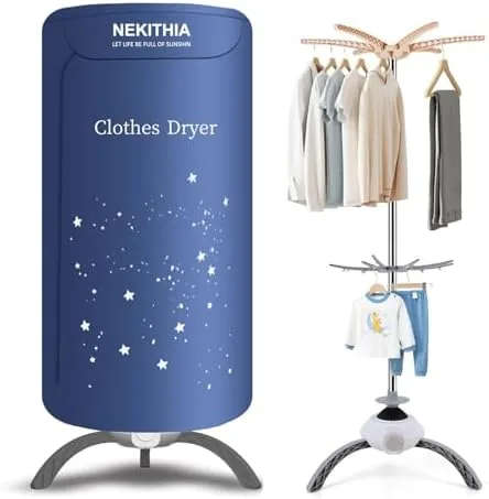 The blue portable clothes dryer set up in a small apartment bathroom