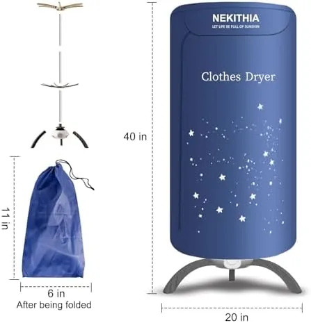 The portable dryer being packed up beside a duffel bag for travel