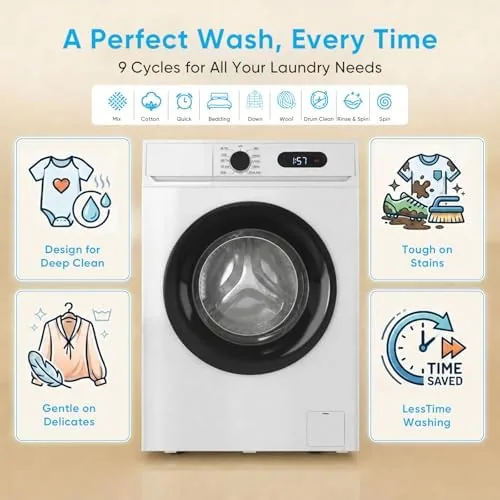 The TABU washer and a matching compact dryer stacked in a laundry closet