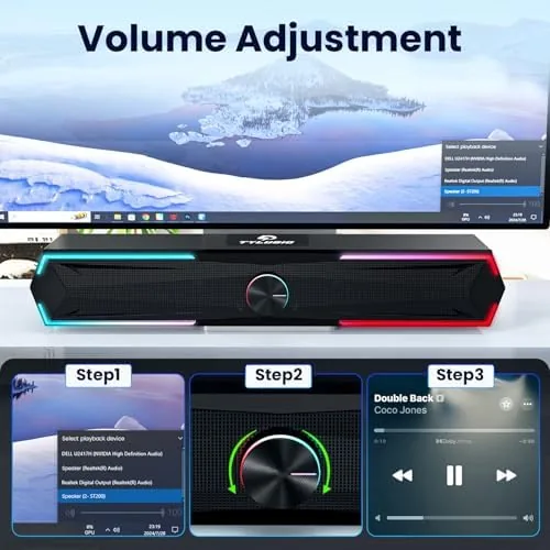 Close look at the Tylubio Computer Speakers for PC Desktop, Flowing LED Under-Monitor Soundbar build quality