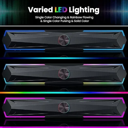 Detail shot of the Tylubio Computer Speakers for PC Desktop, Flowing LED Under-Monitor Soundbar features