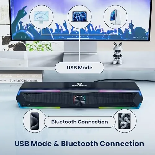The Tylubio Computer Speakers for PC Desktop, Flowing LED Under-Monitor Soundbar in real use