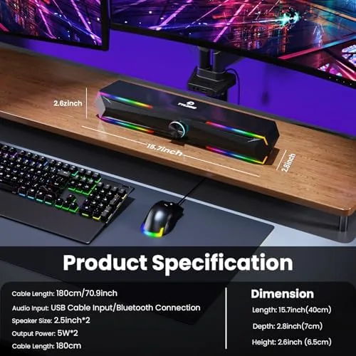 The Tylubio Computer Speakers for PC Desktop, Flowing LED Under-Monitor Soundbar compared in context