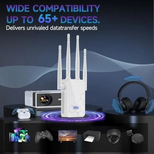 The WiFi extender in a busy living room with a TV and smart speakers connected